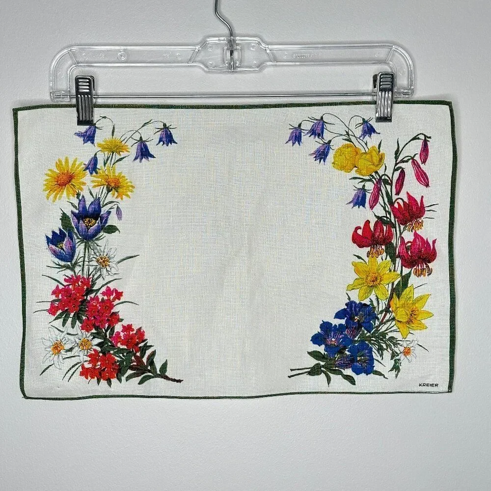Kreier Swedish Vintage Linen Floral and Green Trim Napkins Placemats Set of 4